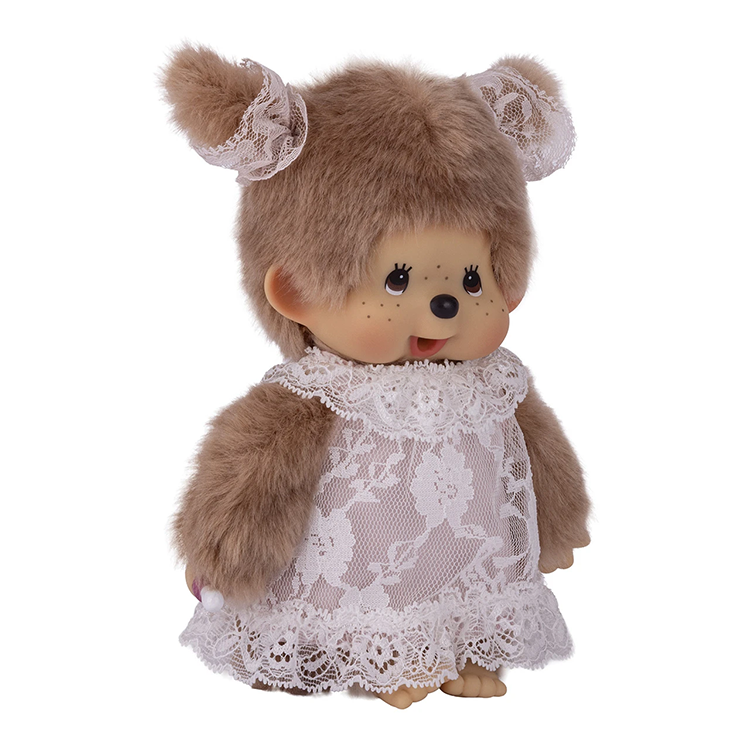 8" Monchhichi Beige Girl  - in White Lace Dress, Lace Ribbon Ponytail and Brown Eyes
