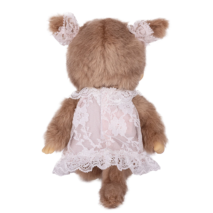 8" Monchhichi Beige Girl  - in White Lace Dress, Lace Ribbon Ponytail and Brown Eyes