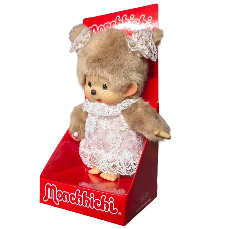 8" Monchhichi Beige Girl  - in White Lace Dress, Lace Ribbon Ponytail and Brown Eyes
