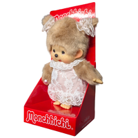 8" Monchhichi Beige Girl  - in White Lace Dress, Lace Ribbon Ponytail and Brown Eyes