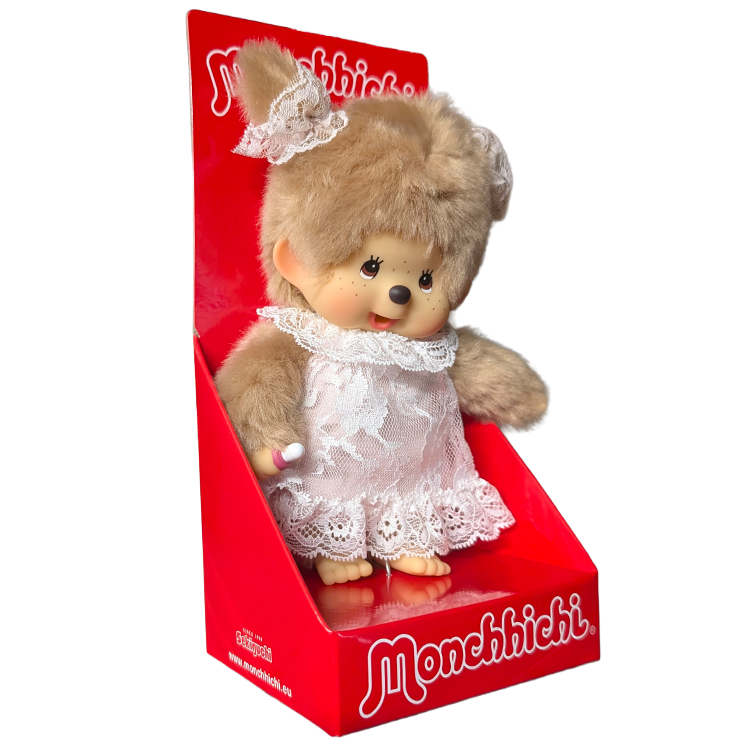 8" Monchhichi Beige Girl  - in White Lace Dress, Lace Ribbon Ponytail and Brown Eyes