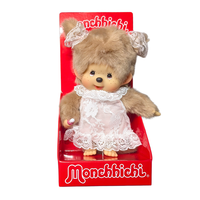 8" Monchhichi Beige Girl  - in White Lace Dress, Lace Ribbon Ponytail and Brown Eyes