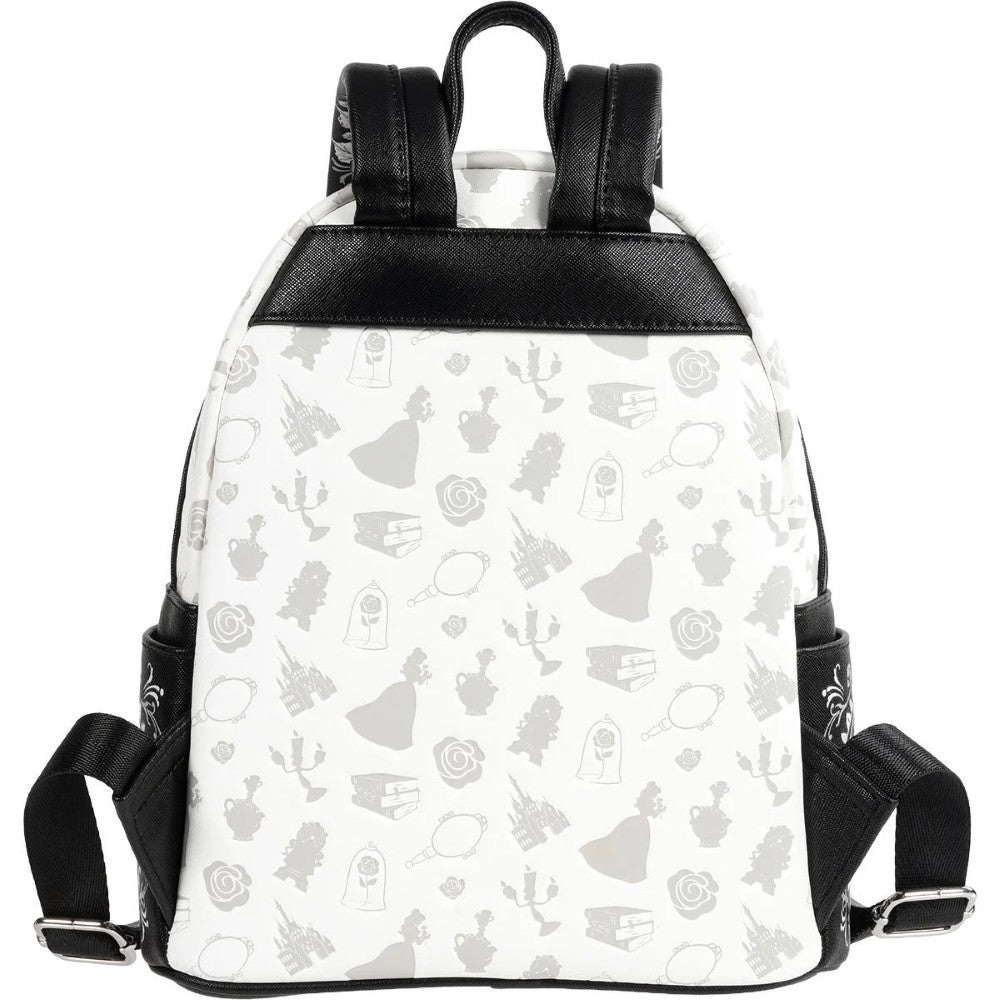 Loungefly Beauty and the Beast Belle Sketch mini-backpack with subtle character and rose patterns in grayscale design