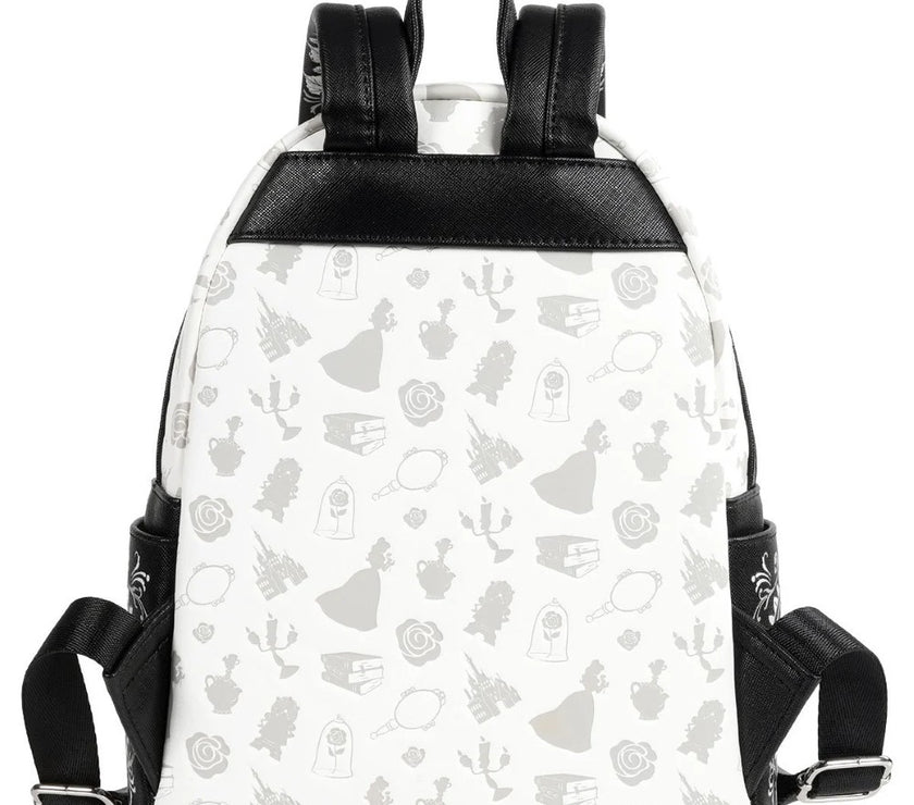 Loungefly Beauty and the Beast Belle Sketch mini-backpack with subtle character and rose patterns in grayscale design