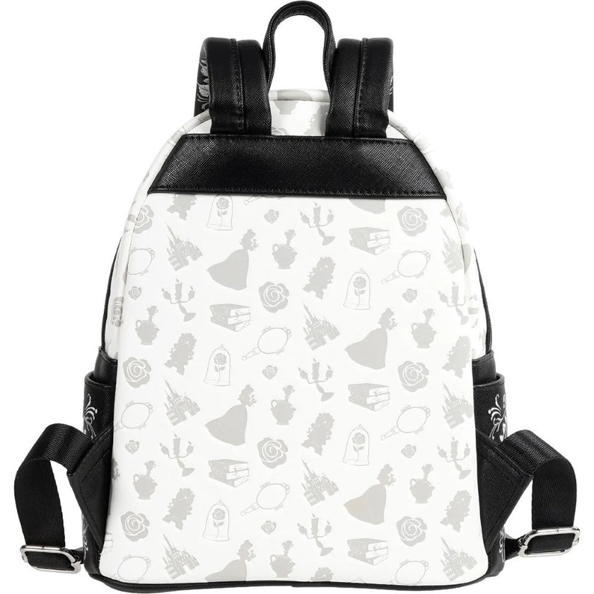 Loungefly Beauty and the Beast Belle Sketch mini-backpack with subtle character and rose patterns in grayscale design