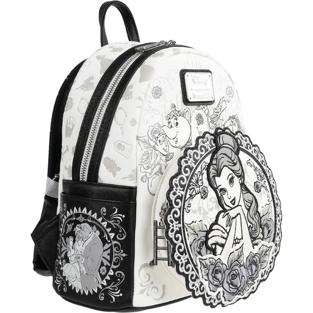 Loungefly Beauty and the Beast mini-backpack with Belle sketch and classic character designs in black and white style