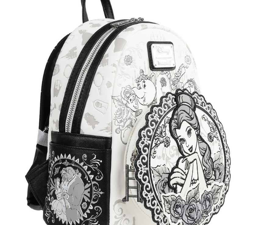 Loungefly Beauty and the Beast mini-backpack with Belle sketch and classic character designs in black and white style