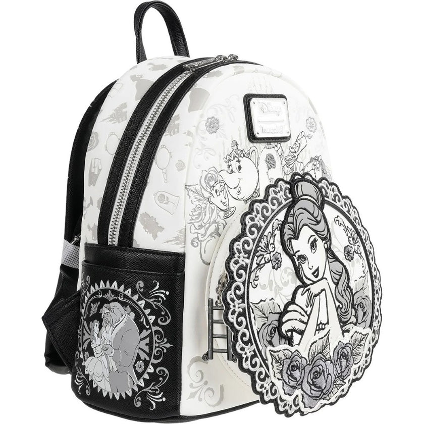 Loungefly Beauty and the Beast mini-backpack with Belle sketch and classic character designs in black and white style