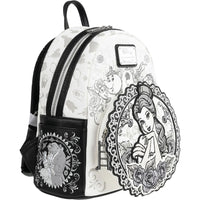 Loungefly Beauty and the Beast mini-backpack with Belle sketch and classic character designs in black and white style