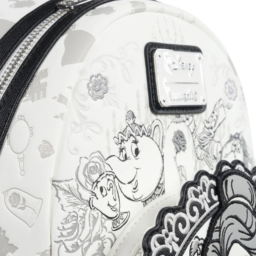 Loungefly Beauty and the Beast mini-backpack with sketch-style teapot and chip characters on white background
