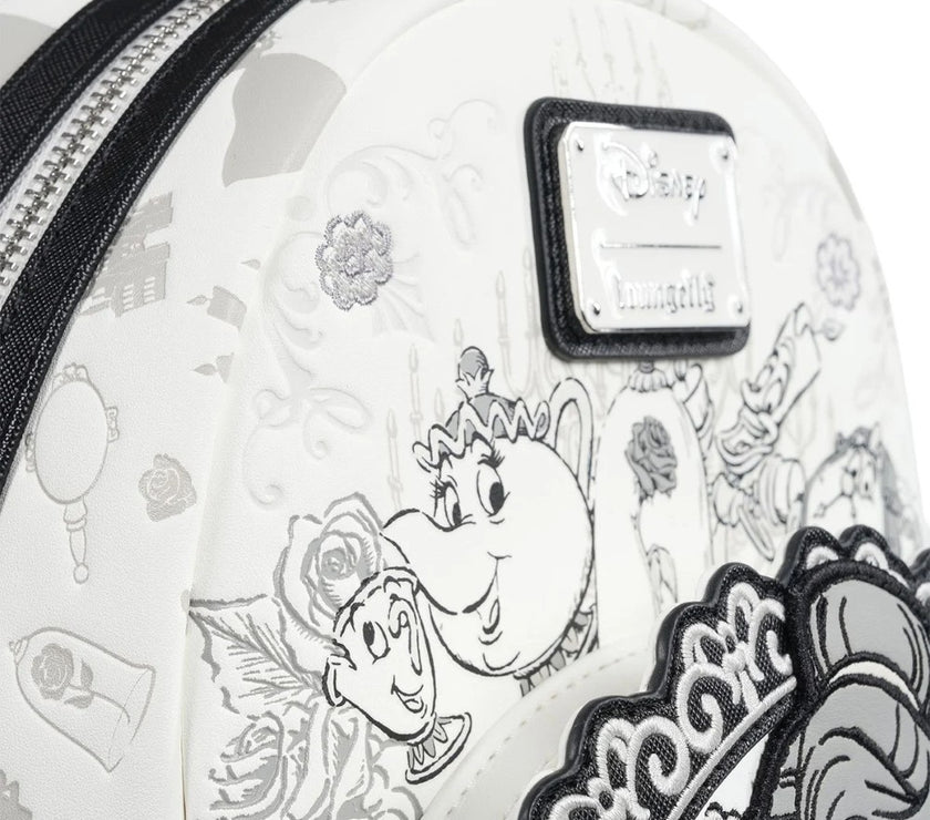 Loungefly Beauty and the Beast mini-backpack with sketch-style teapot and chip characters on white background
