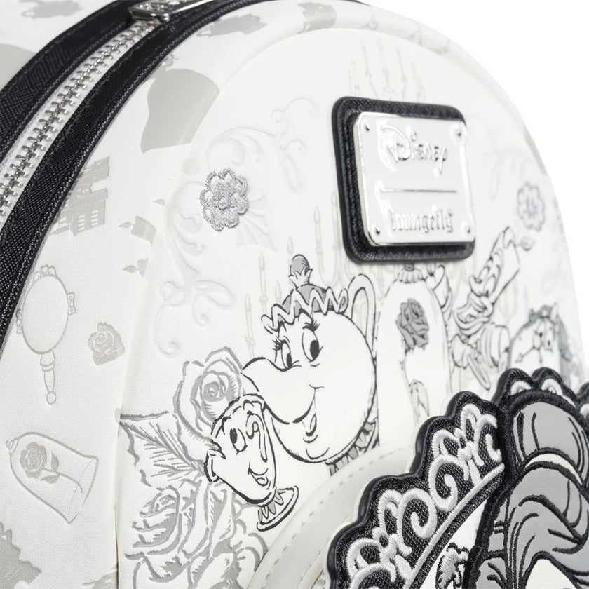 Loungefly Beauty and the Beast mini-backpack with sketch-style teapot and chip characters on white background