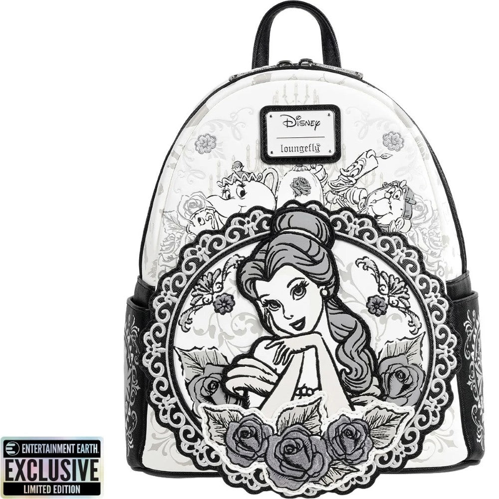 Loungefly Beauty and the Beast Belle sketch mini-backpack with floral design and character illustrations exclusive to Entertainment Earth