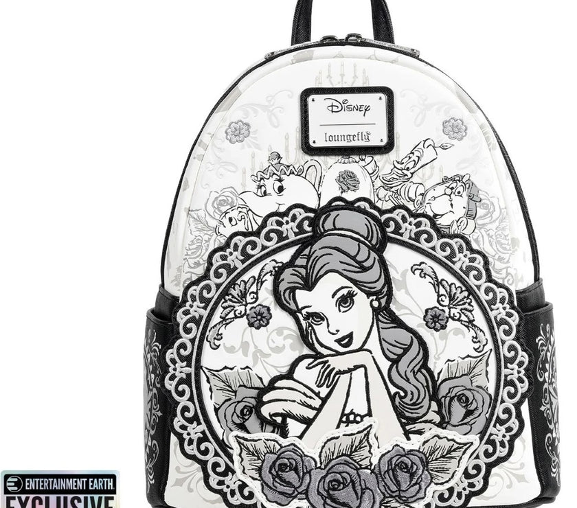 Loungefly Beauty and the Beast Belle sketch mini-backpack with floral design and character illustrations exclusive to Entertainment Earth