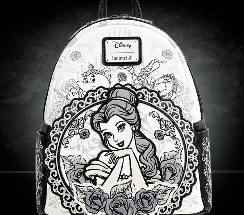 Loungefly Beauty and the Beast mini-backpack featuring Belle sketch and classic characters in black and white design