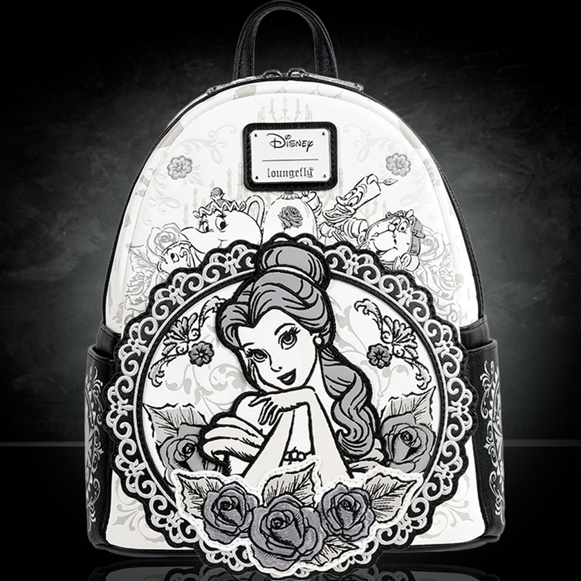 Loungefly Beauty and the Beast mini-backpack featuring Belle sketch and classic characters in black and white design