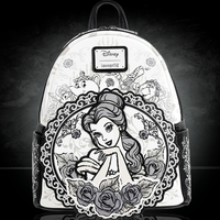 Loungefly Beauty and the Beast mini-backpack featuring Belle sketch and classic characters in black and white design