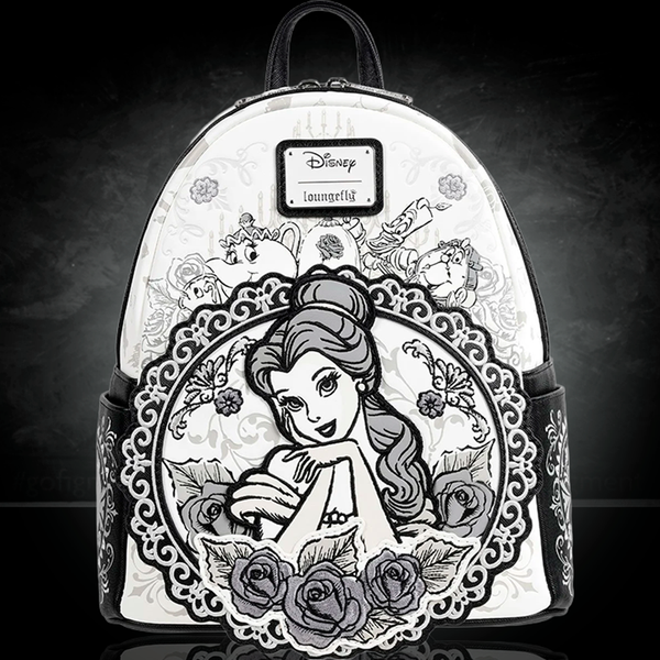Loungefly Beauty and the Beast mini-backpack featuring Belle sketch and classic characters in black and white design