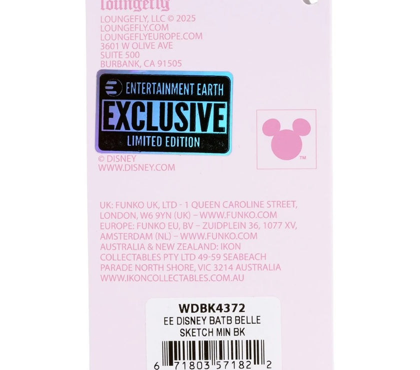 Loungefly Beauty and the Beast Belle Sketch Mini-Backpack Entertainment Earth exclusive tag with barcode and copyright details