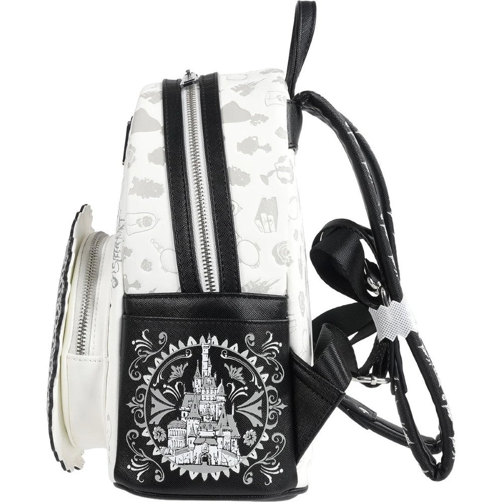 Loungefly Beauty and the Beast Belle Sketch mini-backpack with castle design and black accents side view