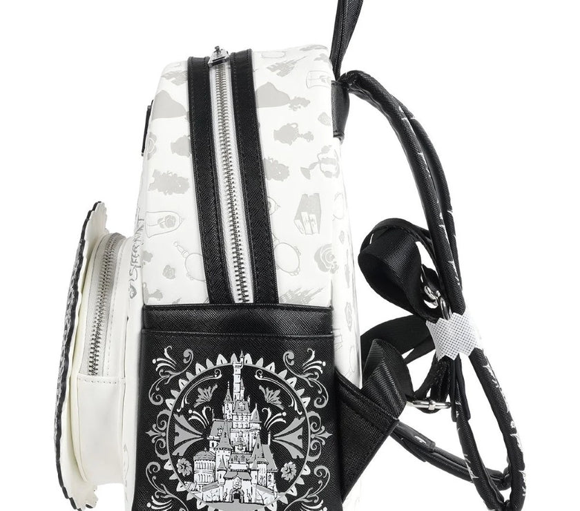 Loungefly Beauty and the Beast Belle Sketch mini-backpack with castle design and black accents side view