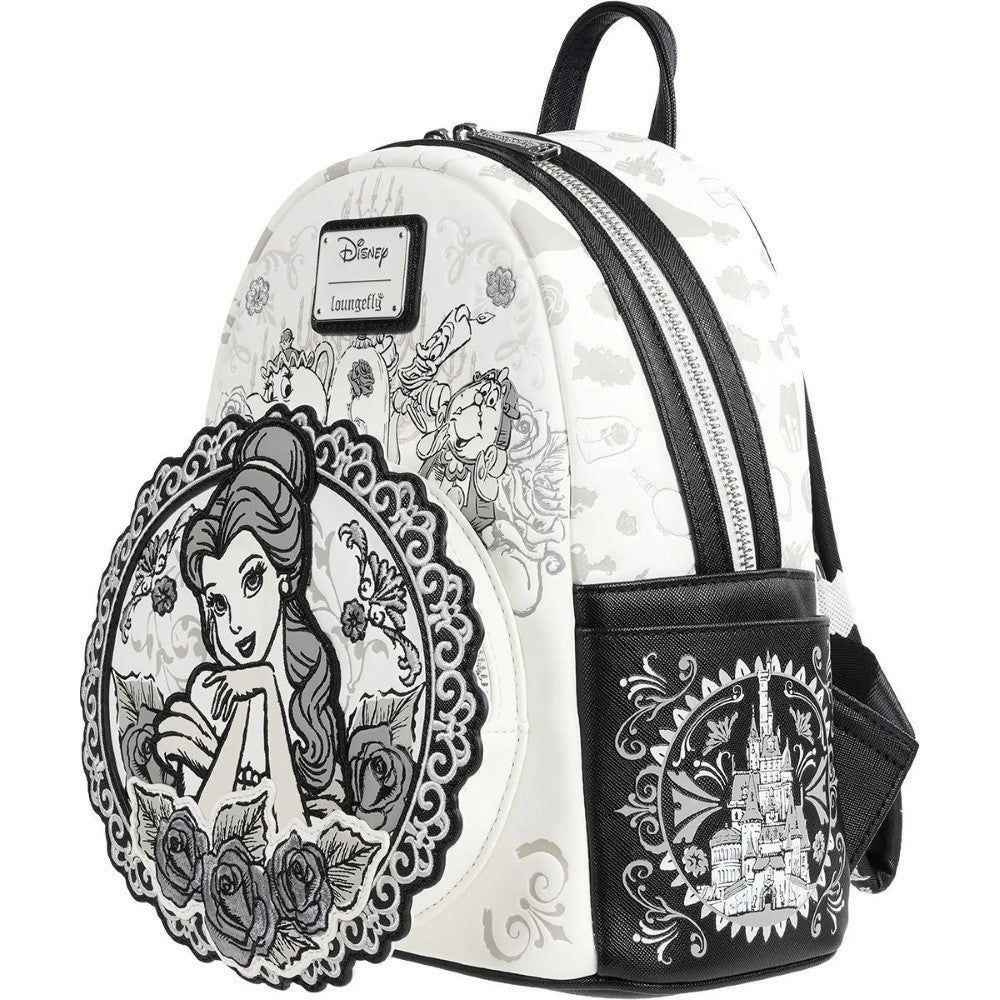 Loungefly Beauty and the Beast mini-backpack with sketch-style Belle and castle design, Entertainment Earth exclusive