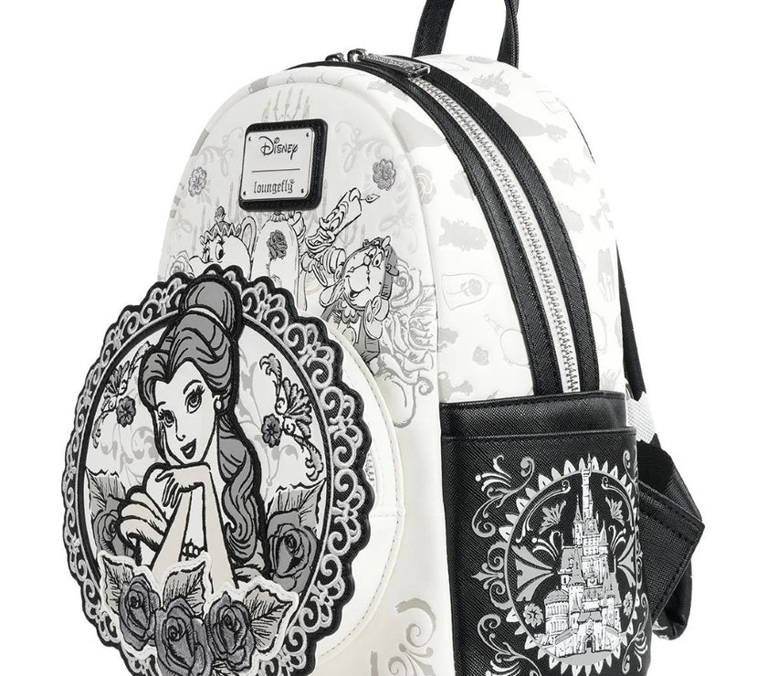 Loungefly Beauty and the Beast mini-backpack with sketch-style Belle and castle design, Entertainment Earth exclusive