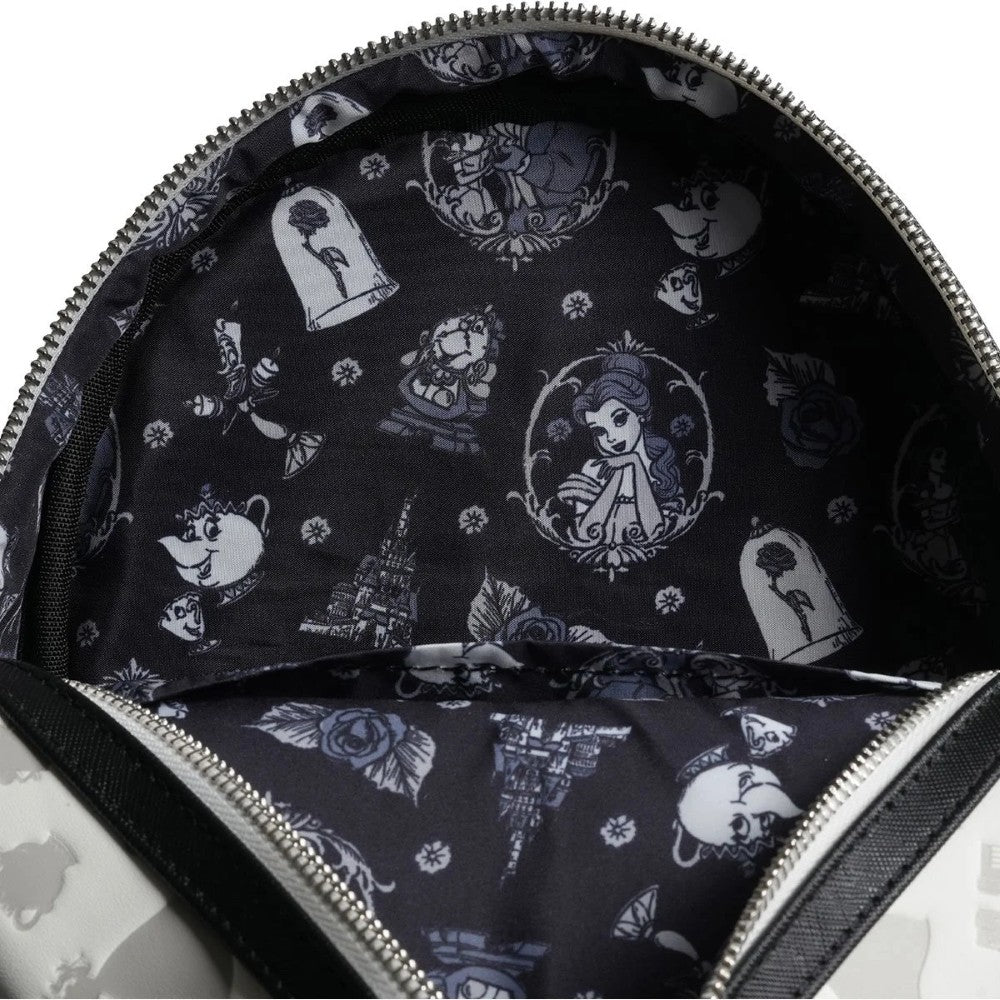 Interior view of Loungefly Beauty and the Beast Belle Sketch mini-backpack with character print lining