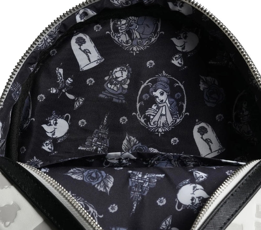 Interior view of Loungefly Beauty and the Beast Belle Sketch mini-backpack with character print lining