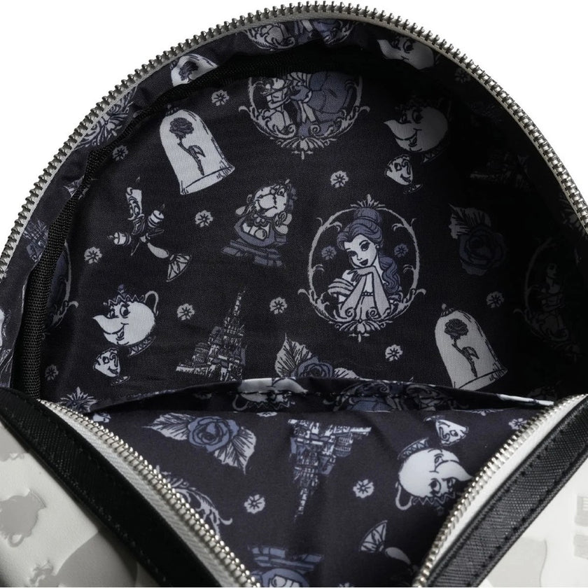 Interior view of Loungefly Beauty and the Beast Belle Sketch mini-backpack with character print lining