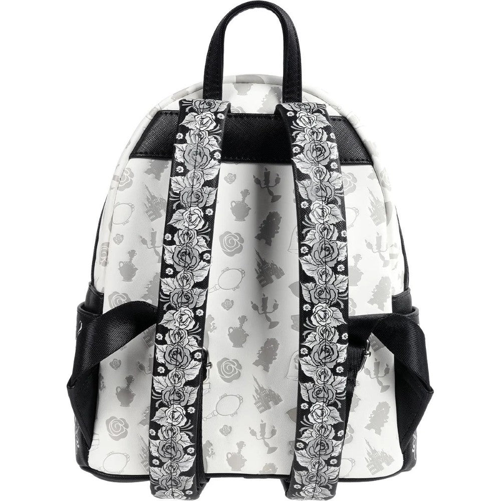 Loungefly Beauty and the Beast Belle Sketch Mini-Backpack with intricate rose patterned straps and subtle character icons