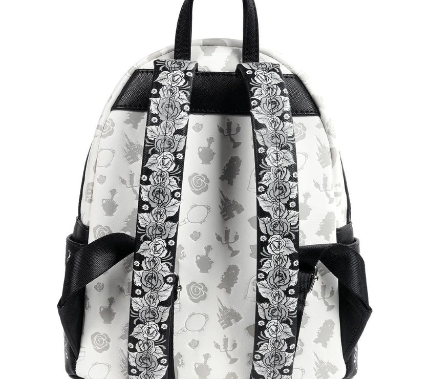 Loungefly Beauty and the Beast Belle Sketch Mini-Backpack with intricate rose patterned straps and subtle character icons