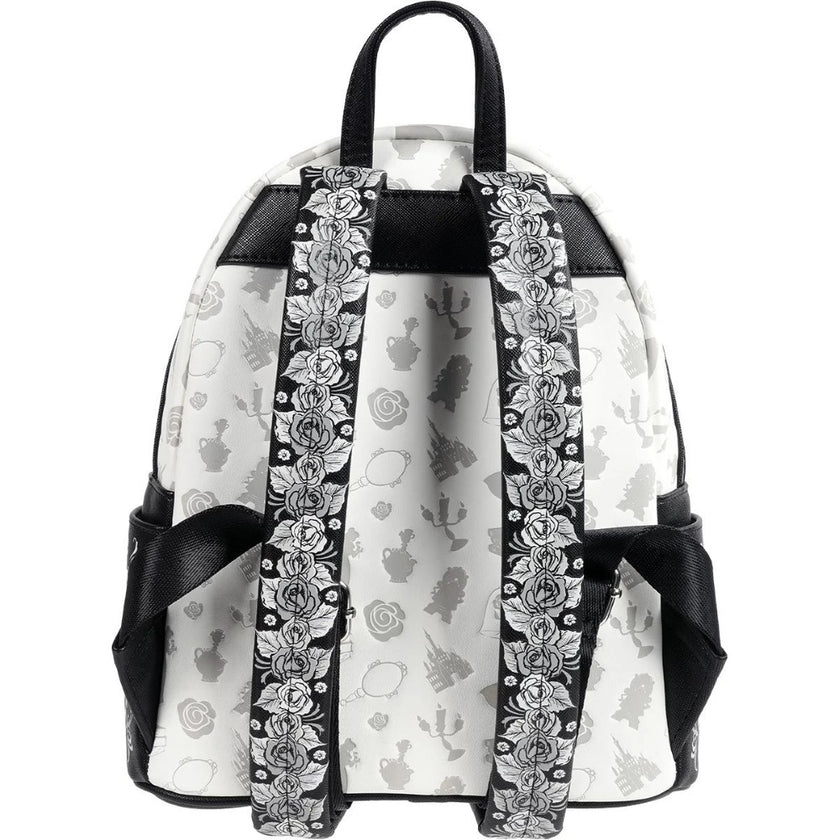 Loungefly Beauty and the Beast Belle Sketch Mini-Backpack with intricate rose patterned straps and subtle character icons