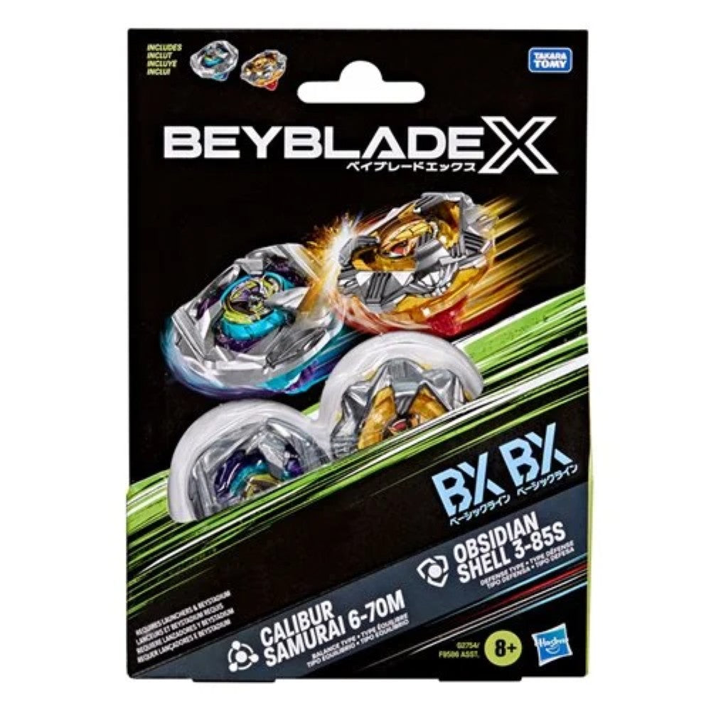 Beyblade X Calibur Samurai 6-70M BX & Obsidian Shell 3-85S BX Dual Pack Set Hasbro Beyblade Spinning Tops packaging