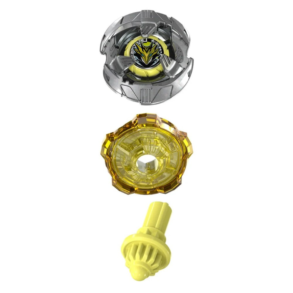 Beyblade X Shelter Drake 5-70O Booster Pack Set Hasbro Beyblade Spinning Tops featuring silver and yellow spinning tops