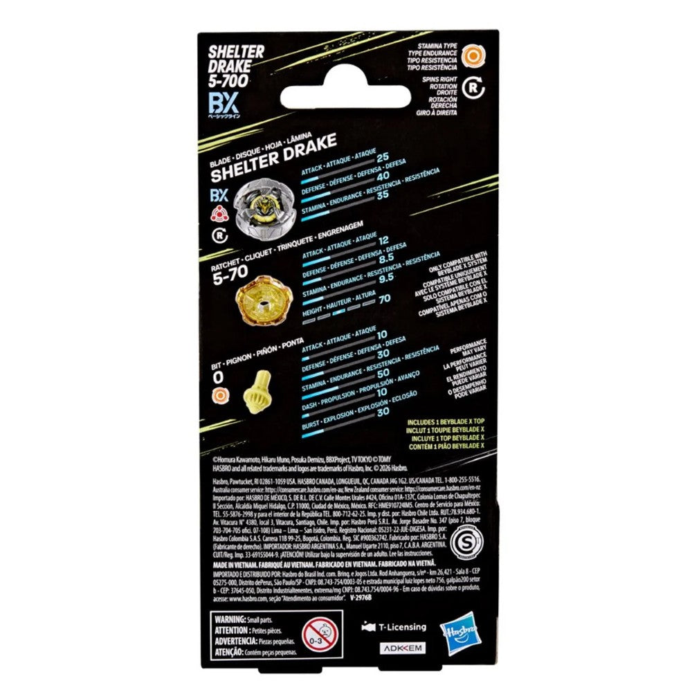 Beyblade X Shelter Drake 5-70O Booster Pack Set Hasbro Beyblade Spinning Tops back packaging