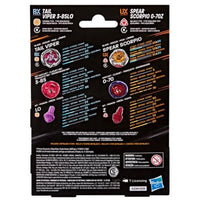 Back of Beyblade packaging showing Tail Viper and Spear Scorpio parts with assembly details and safety warnings