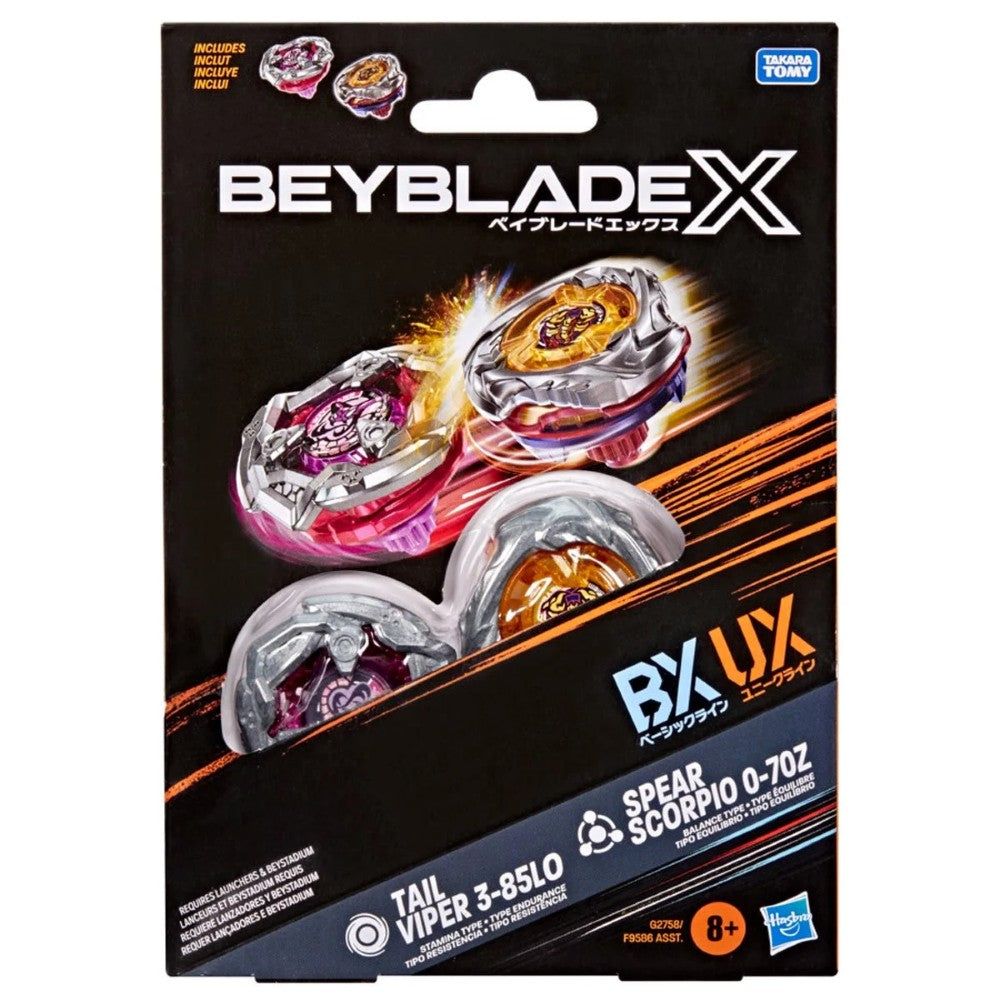 Beyblade X packaging featuring Spear Scorpio 0-70 and Tail Viper 3-85 spinning tops