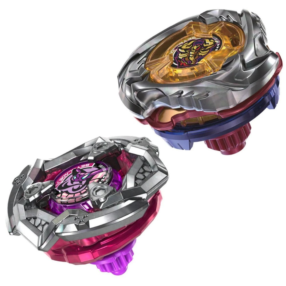 Two metallic battle spinning tops with purple pink gold and blue details on a white background