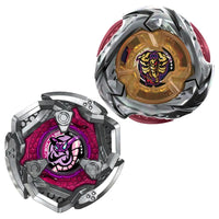 Two metallic spinning tops with silver edges, translucent amber and magenta centers, and stylized emblems