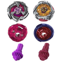 Two metallic spinning tops with pink and blue circular parts and purple and red launchers on a white background