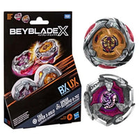 Beyblade X package beside two colorful spinning tops in silver, red, orange, and purple