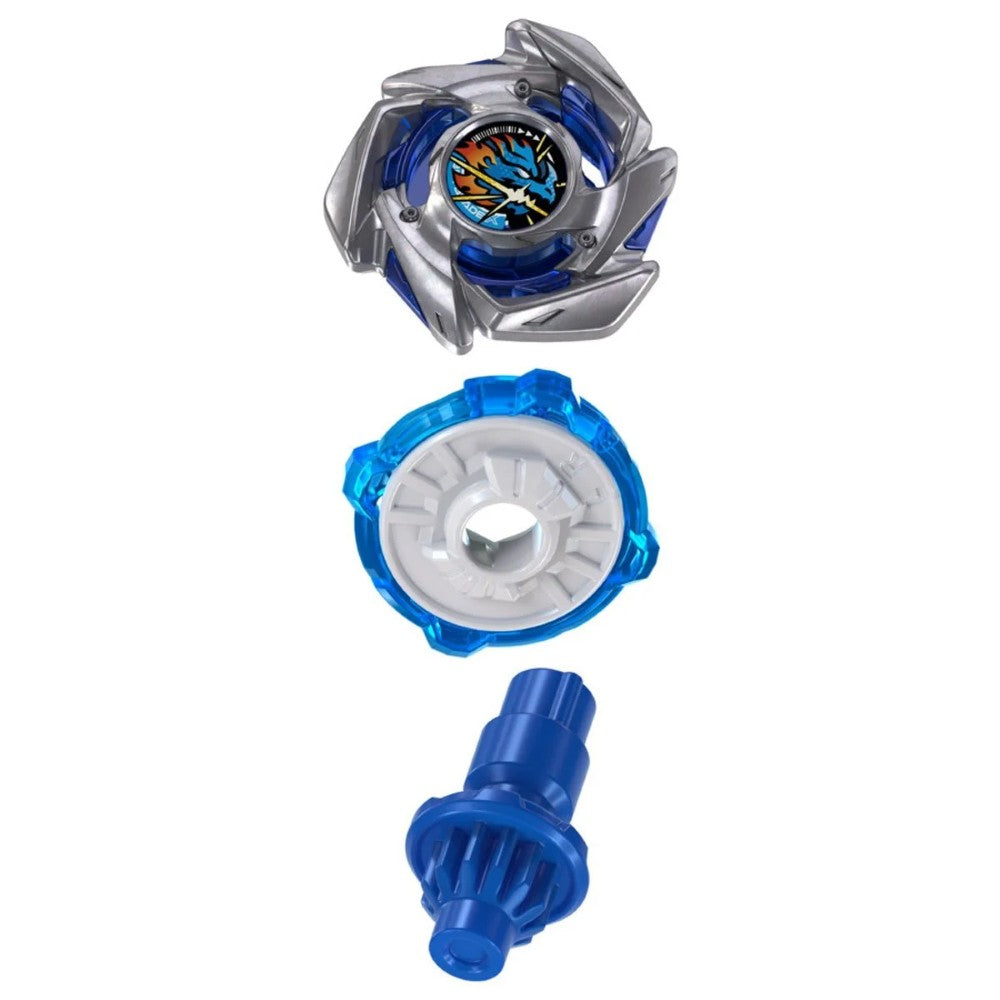 Disassembled blue and silver spinning top with launcher components