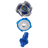 Disassembled blue and silver spinning top with launcher components