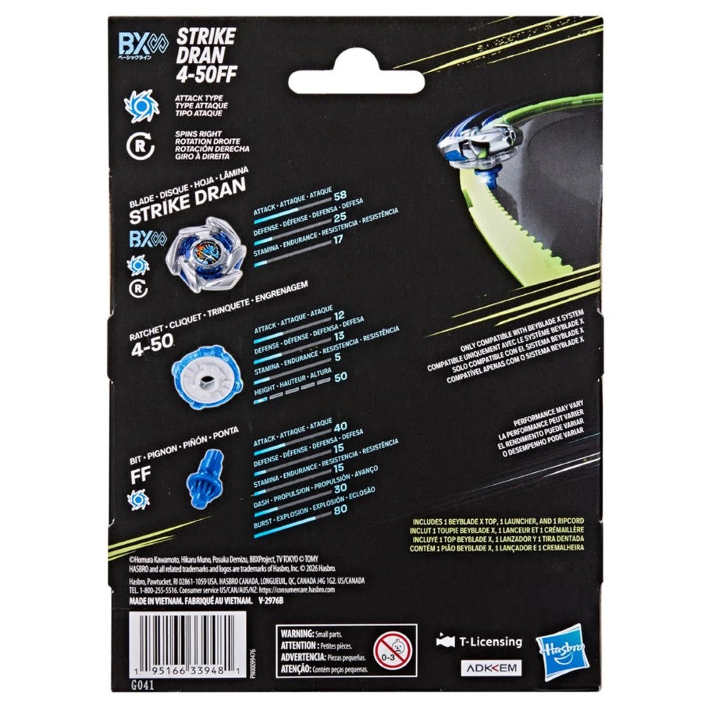 Back of a Beyblade Burst Strike Dran 4-50F package showing launcher details and Hasbro branding