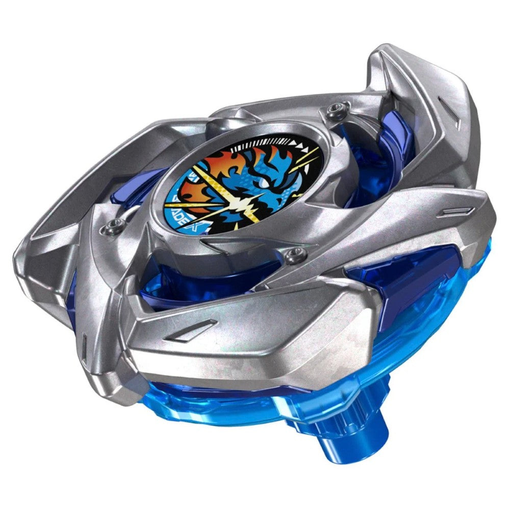 Silver and blue spinning top with a colorful winged creature emblem on its center disc
