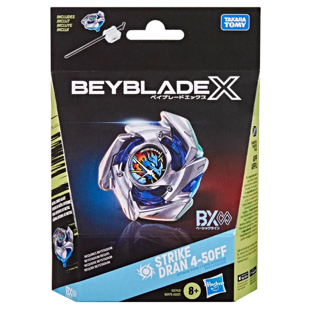 Beyblade X Strike Dran 4-50FF spinning top package with blue and silver design
