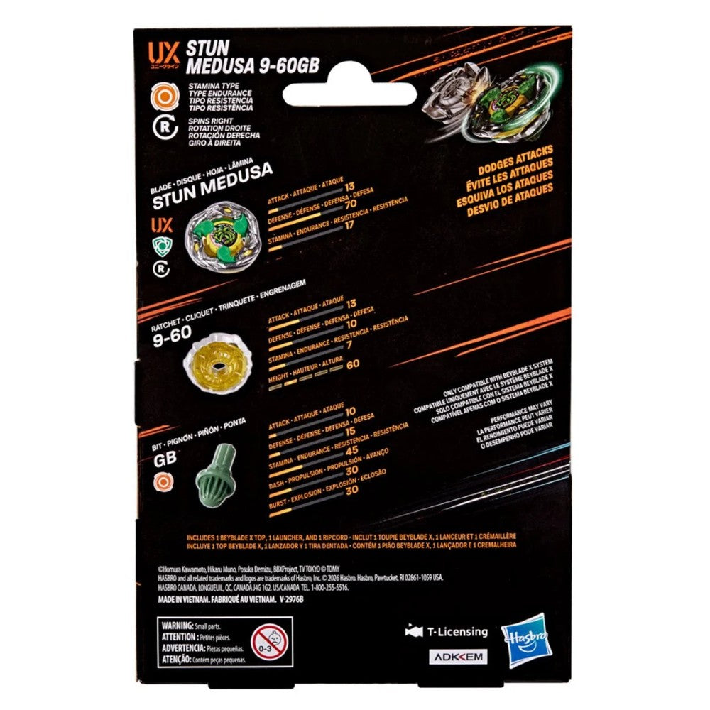 Beyblade X Stun Medusa 9-60GB UX Starter Pack Set Hasbro Beyblade Spinning Tops back packaging