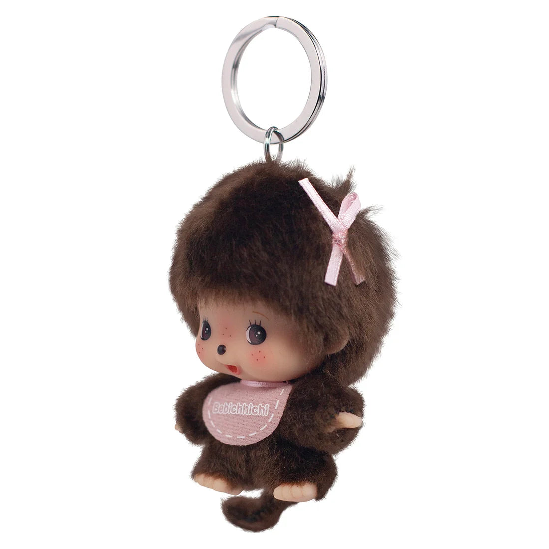 4" Bebichhichi Big Head Mascot Girl Monchhichi Keychain Plush Mascot, brown plush girl with pink bow and ring