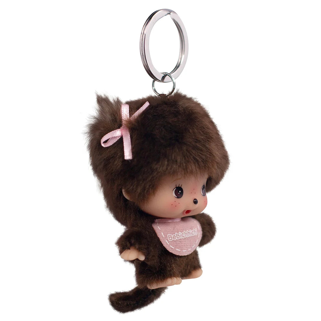 4" Bebichhichi Big Head Mascot Girl Monchhichi Keychain Plush Mascot with brown fur and pink bow